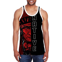 Close-up of men's tank front: red chief portrait on black with white vertical text