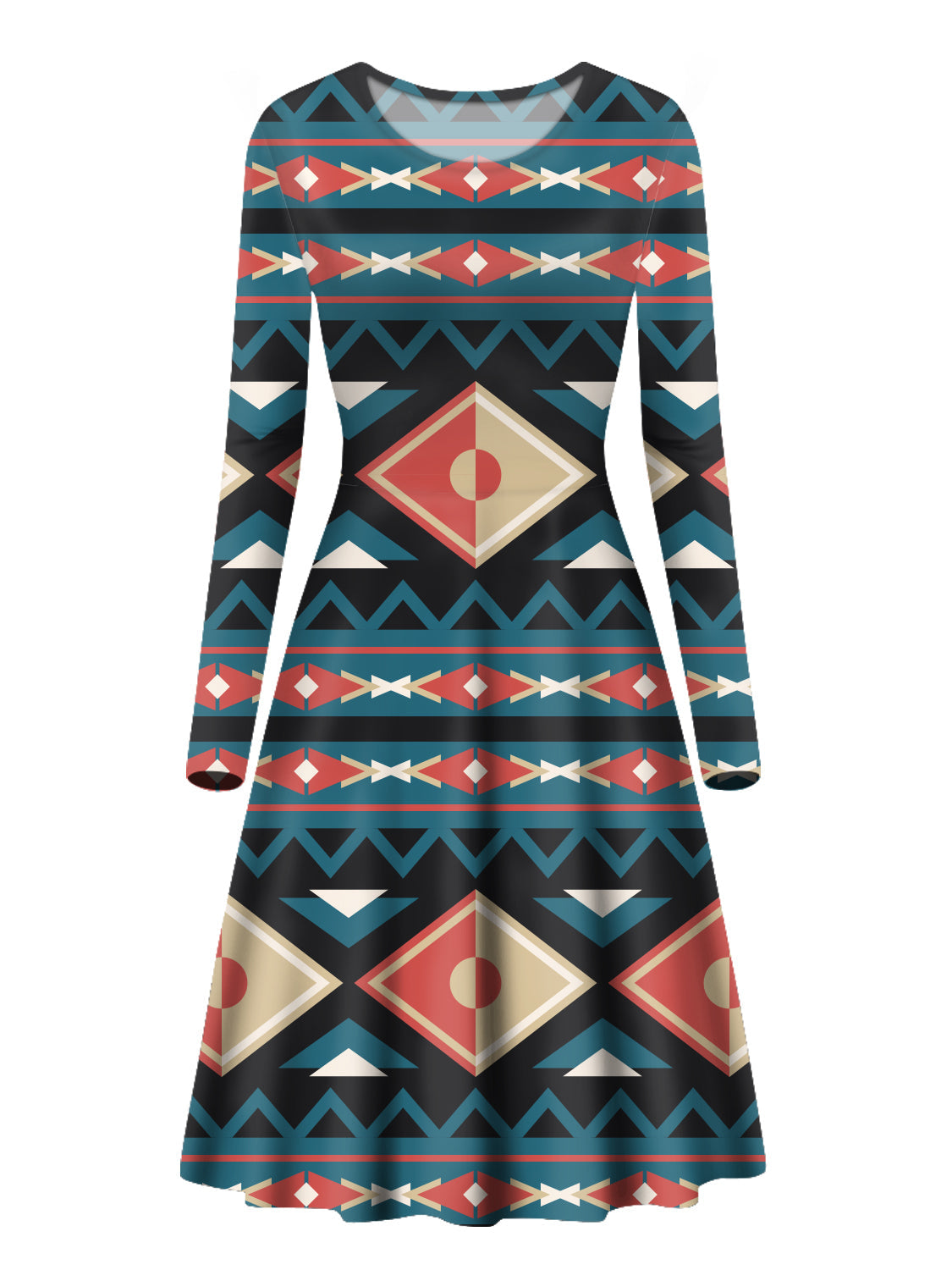Multicolor diamond-pattern long-sleeve A-line dress with red blue geometric design