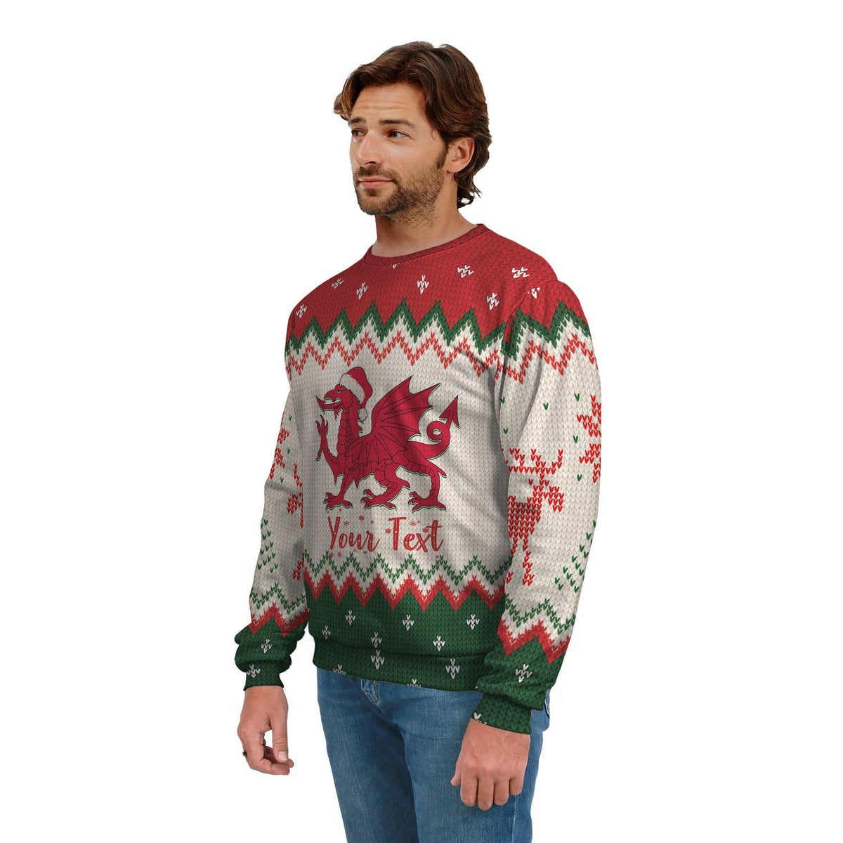 Unisex Wales Christmas sweatshirt, Welsh dragon graphic with 'Your Text' on grey front