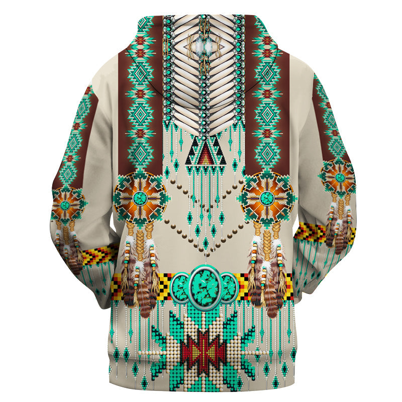 Pullover hoodie back with native-style feather/pendant pattern, turquoise and brown