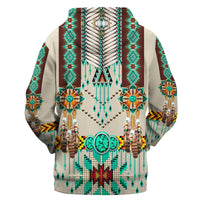 Pullover hoodie back with native-style feather/pendant pattern, turquoise and brown