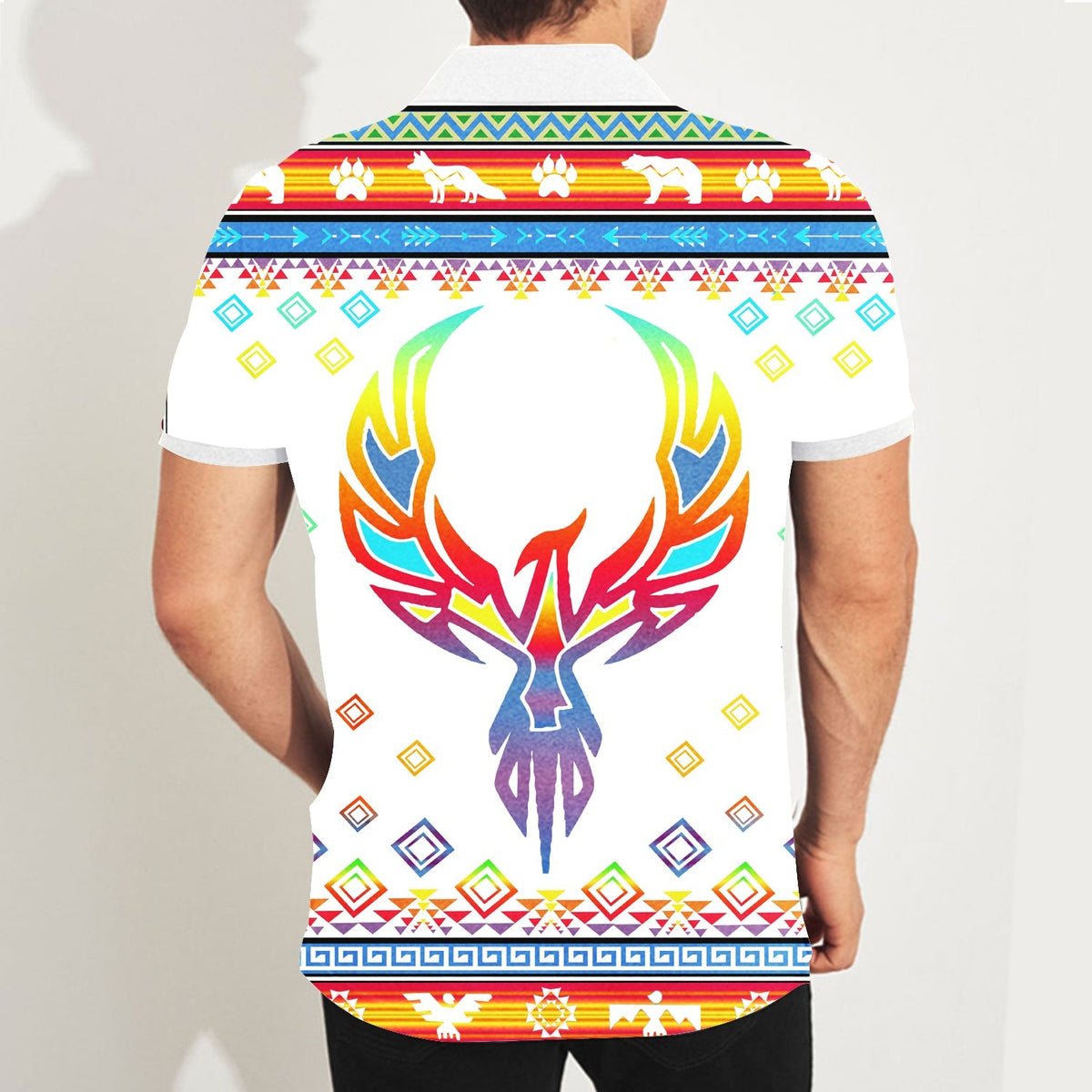 Adult white polo, back view with phoenix skull graphic and multicolor geometric hem stripe