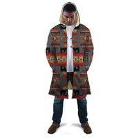 Multicolor Native-style pattern hooded cloak with front button placket, unisex