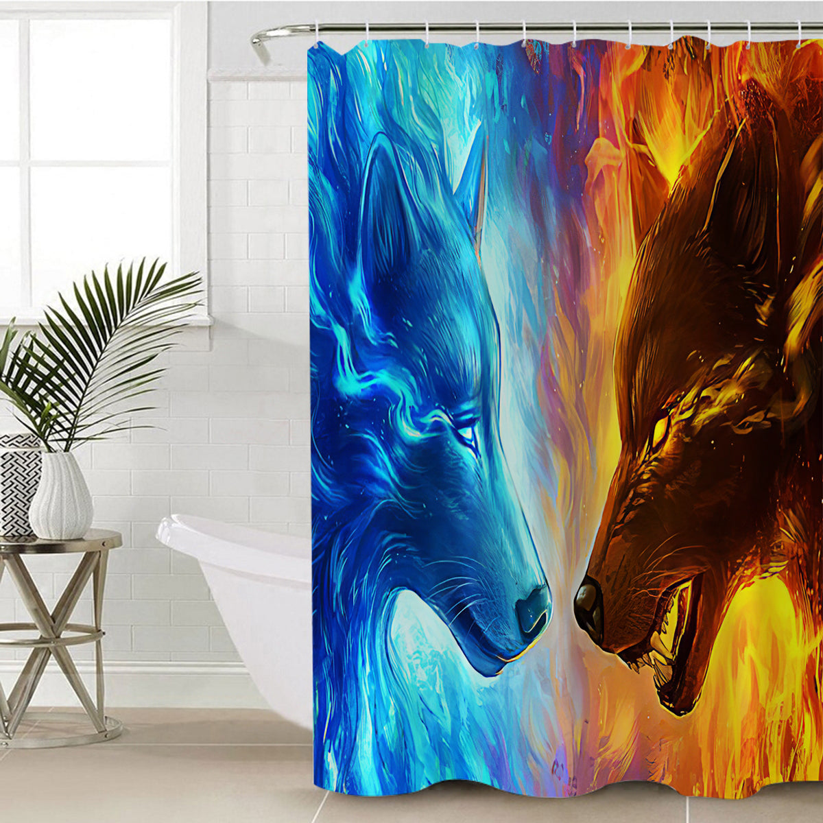 Multicolor shower curtain with blue ice wolf and orange fire wolf faces