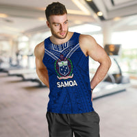 Blue Samoa pride tank top on model, featuring front crest and “SAMOA”