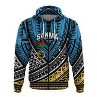 Blue tribal pattern pullover hoodie with hood and drawstrings, front graphic and stripes