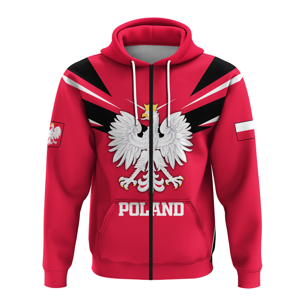 Red Poland zip-up hoodie front with eagle crest, black rays, and 'POLAND' lettering