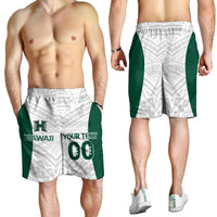 Model wearing Hawaii supporter shorts: white with green side panels, elastic waistband.
