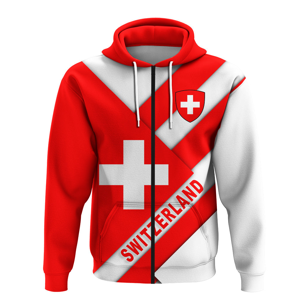 Red & white zip-up hoodie front view with Swiss crest shield and “SWITZERLAND” text