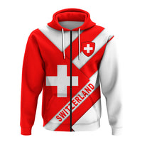 Red & white zip-up hoodie front view with Swiss crest shield and “SWITZERLAND” text