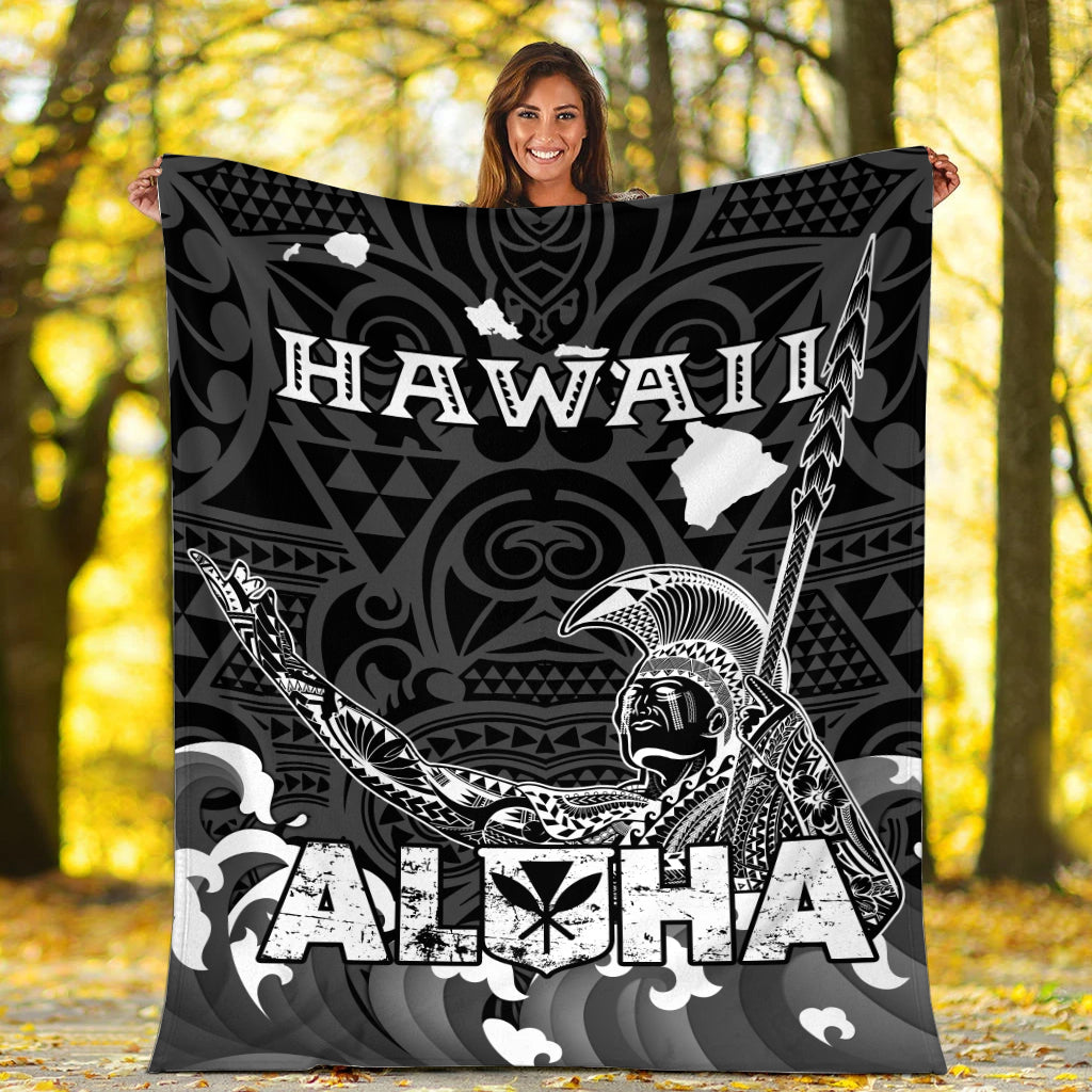 Black Hawaiian king Kamehameha aloha throw blanket with white graphic and “HAWAIʻI” text
