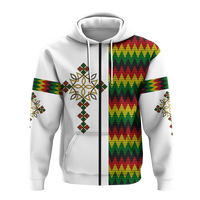 White pullover hoodie front view with Ethiopian cross, multicolor zigzag panel, black drawcord