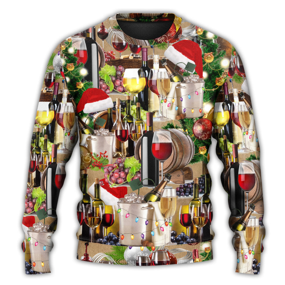 Ugly Christmas wine-themed sweatshirt with mugs of wine, bottles, glasses, and Santa hats