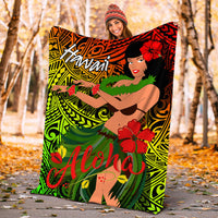 Hula girl Hawaii blanket outdoors, showing 'Aloha' script with red hibiscus and green pattern