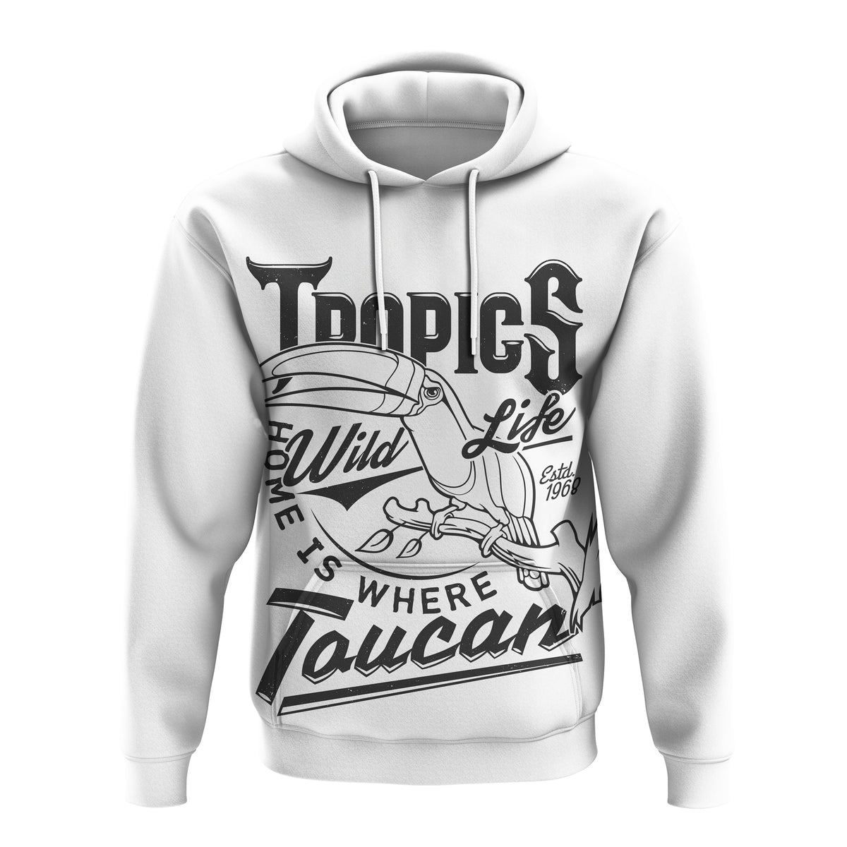 White pullover hoodie with toucan graphic and Where Taucán text