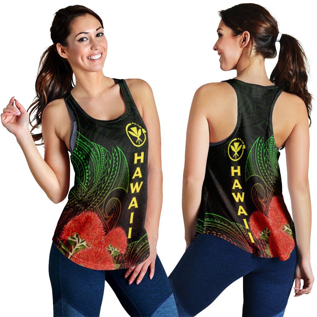 Black women's racerback tank with green leaf and red flower Hawaii graphic, front and back
