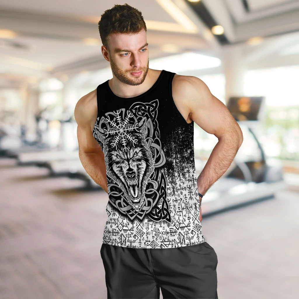 Black wolf-and-Vegvisir tank top on model, sleeveless front design