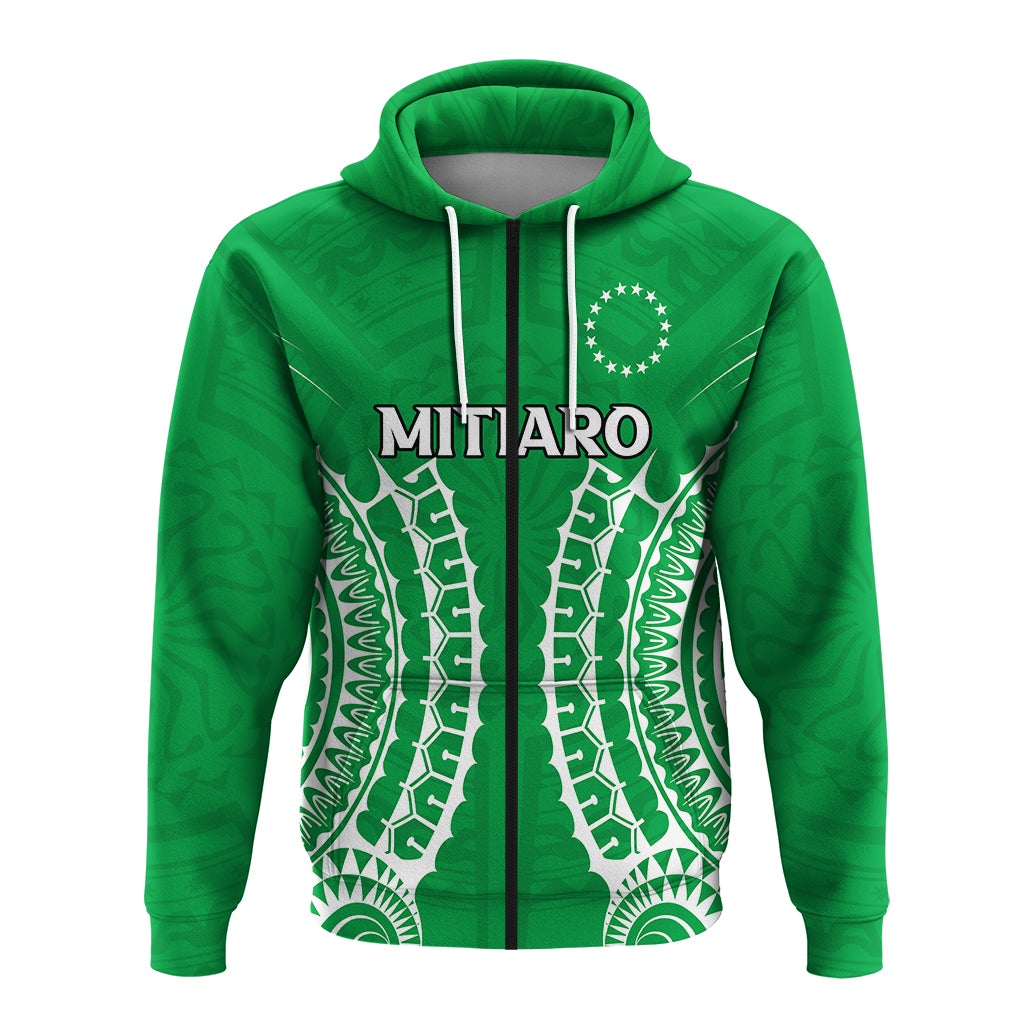 Green pullover hoodie with tribal pattern, central 'MITIARO' text and white drawstrings