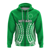 Green pullover hoodie with tribal pattern, central 'MITIARO' text and white drawstrings