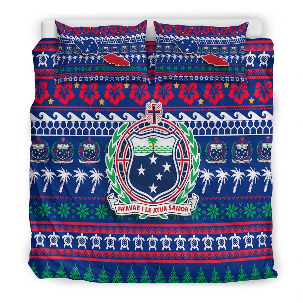 Blue bedding set with Samoa emblem shield, flower pattern band, and green Christmas tree row