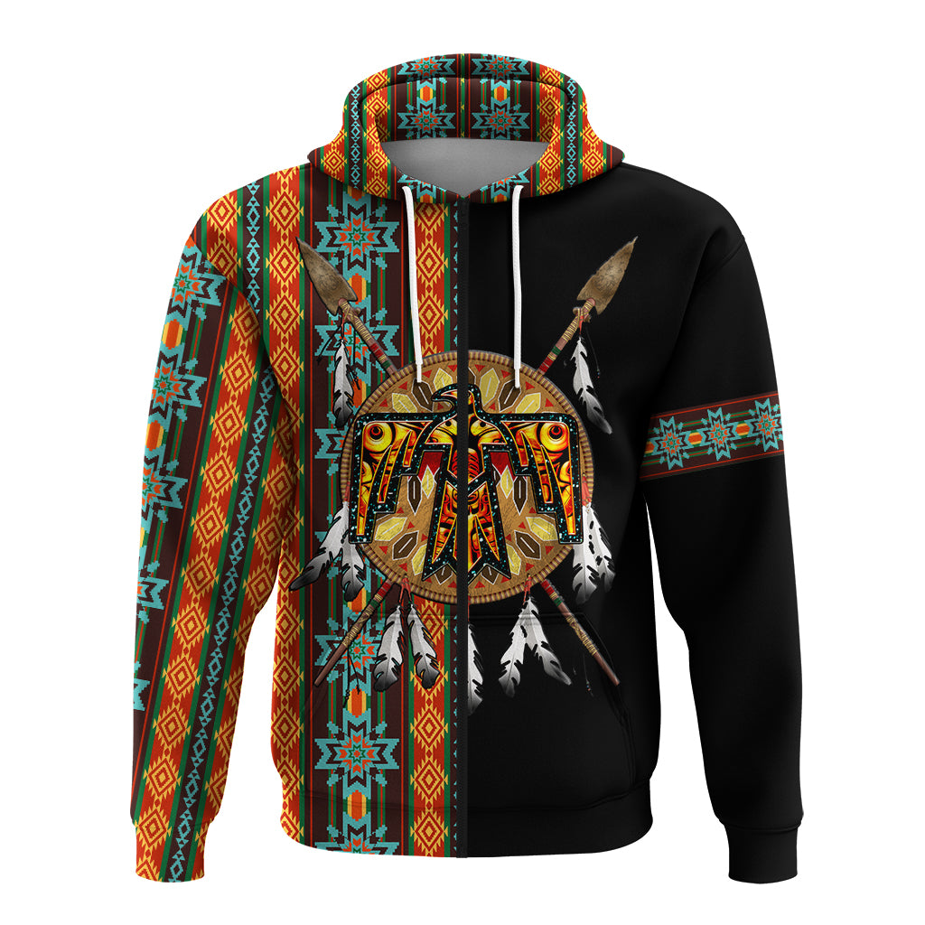 Black pullover hoodie front view showing central thunderbird face and multicolor striped sleeves