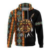 Black pullover hoodie front view showing central thunderbird face and multicolor striped sleeves