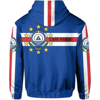 Blue pullover hoodie back with Cape Verde flag stripe and emblem print