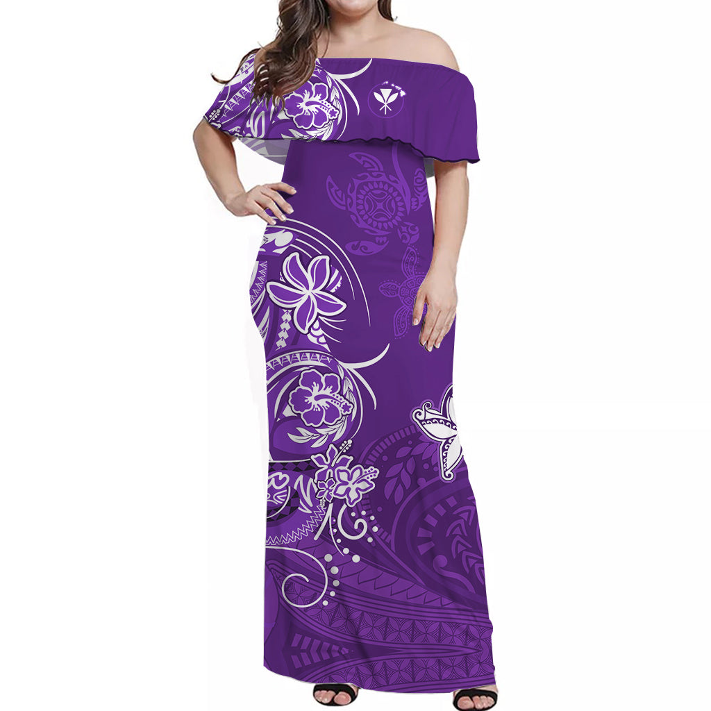 Purple off-shoulder long dress with Polynesian-style sea turtle and map print