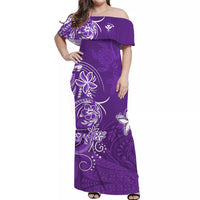 Purple off-shoulder long dress with Polynesian-style sea turtle and map print