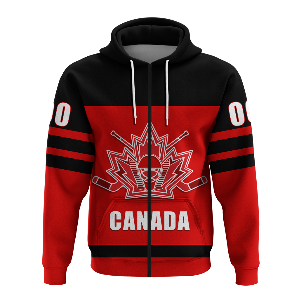 Black and red Canada hockey hoodie back view, large 100 and hockey player graphics.
