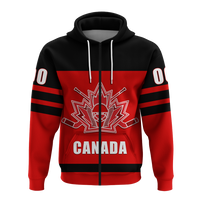 Black and red Canada hockey hoodie back view, large 100 and hockey player graphics.