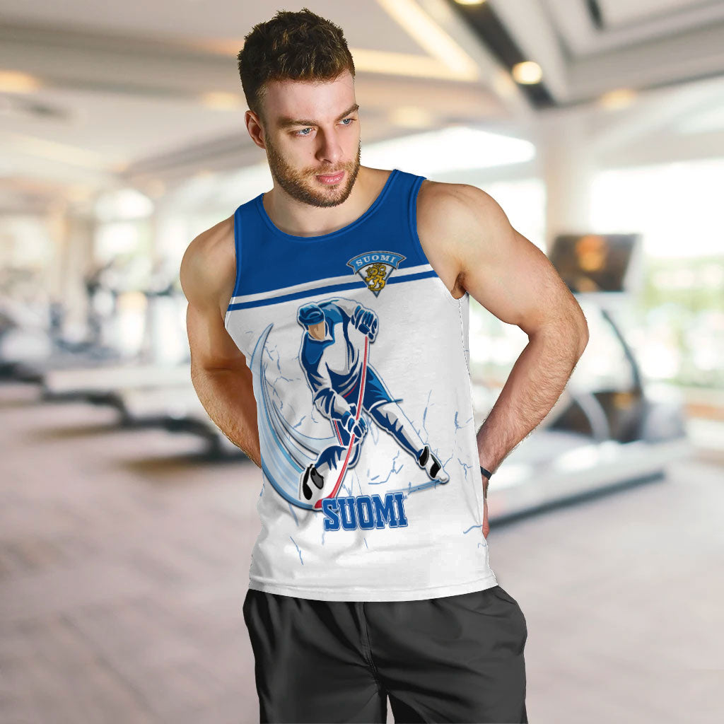 White men's tank top with blue Finland crest, goalie graphic and SUOMI text