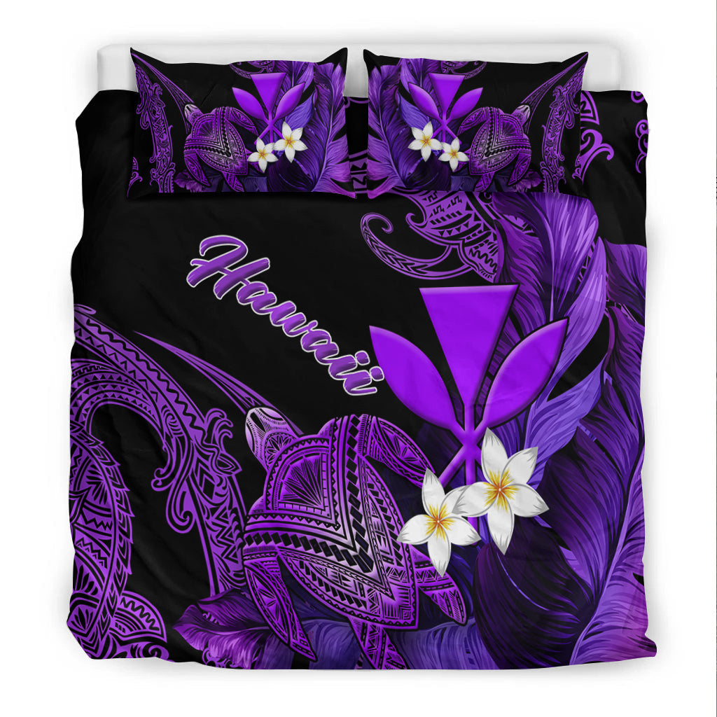 Flat-lay black bedding set featuring purple turtle artwork and plumeria blossoms; 2 pillowcases