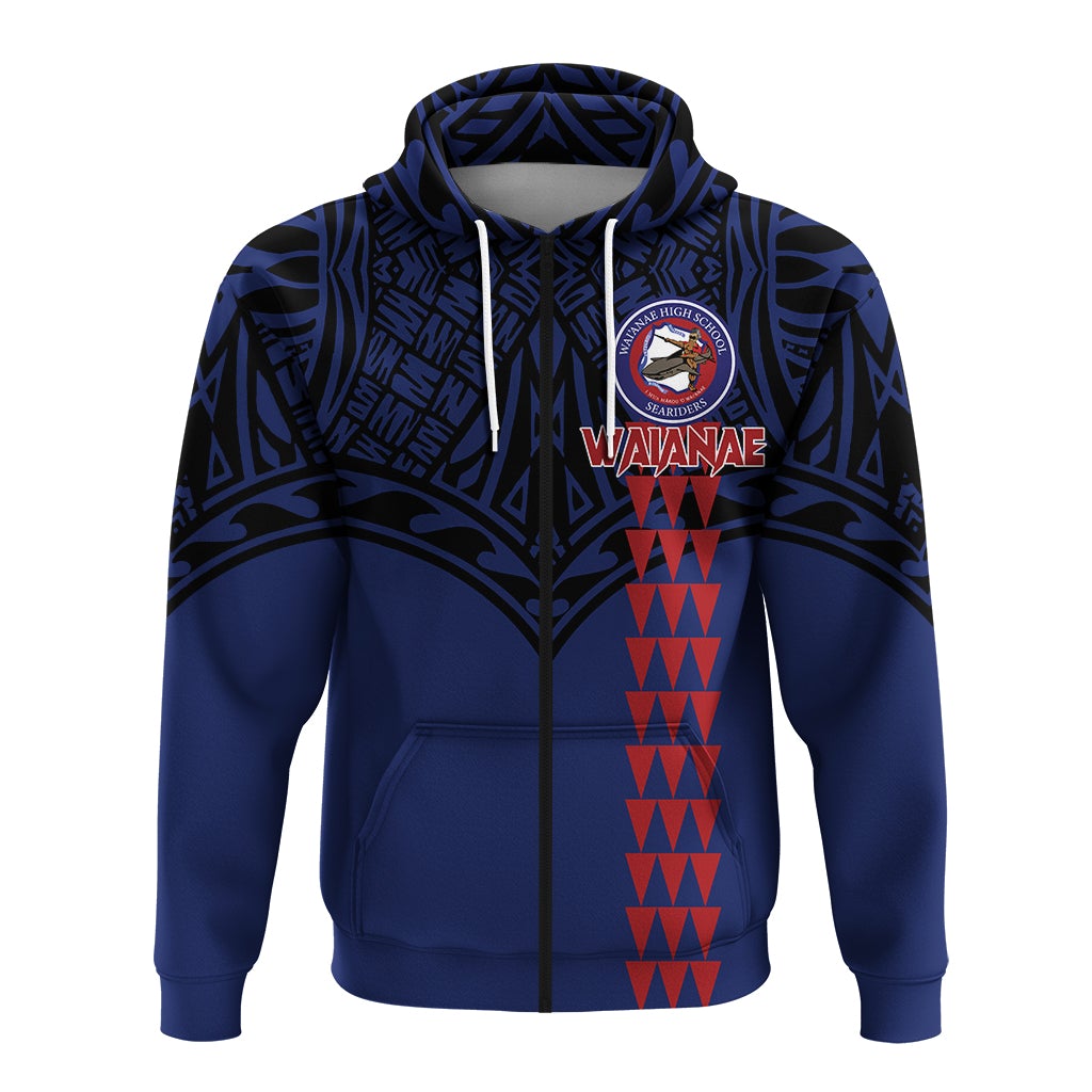 Blue zip hoodie front with Waianae crest patch and vertical red graphic