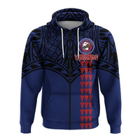 Blue zip hoodie front with Waianae crest patch and vertical red graphic