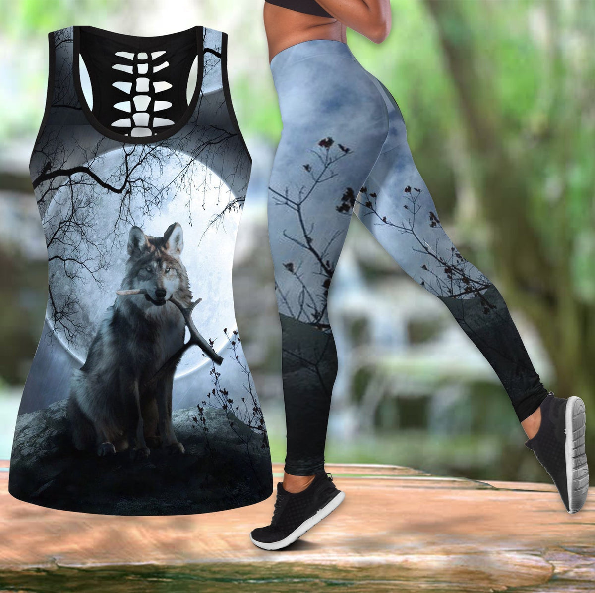 Wolf and tree graphic hollow tank top and leggings set, dark and light gray-blue