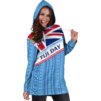 Blue Fiji Day hoodie dress with flag graphic and tapa pattern, hood up