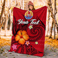Red personalised blanket outdoors with hibiscus flowers, tribal motifs and “Your Text”