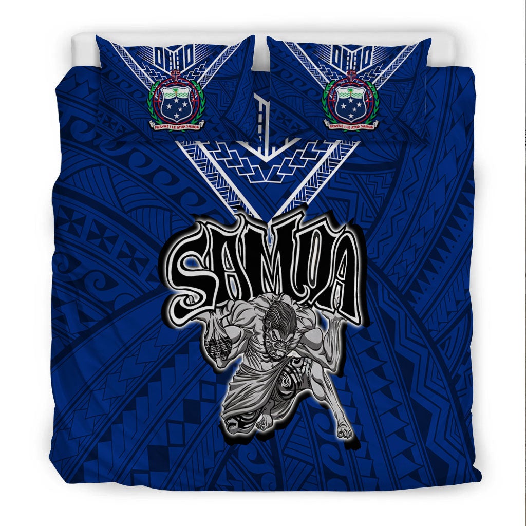 Blue duvet set close-up: “SAMOA” title over warrior figure, geometric pattern background