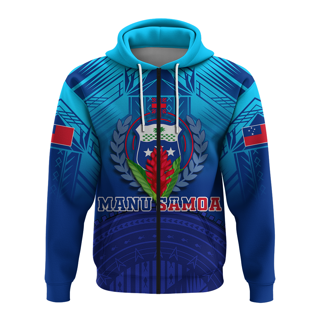 Blue pullover hoodie with centered crest graphic, patterned lower panel, and hood drawstrings