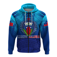 Blue pullover hoodie with centered crest graphic, patterned lower panel, and hood drawstrings