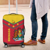 Grenada suitcase cover, red body with yellow top and coat-of-arms patch; wheels visible