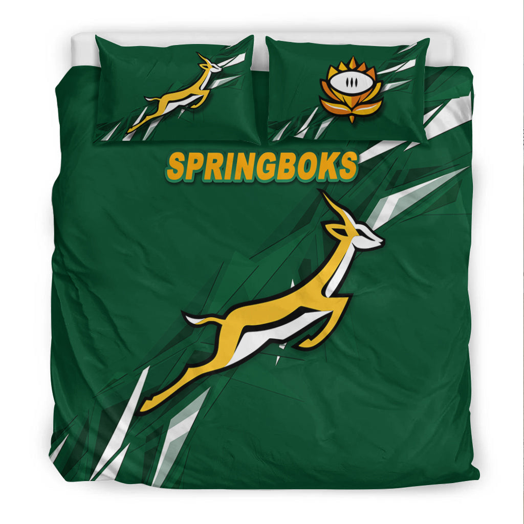 Green bedding set with two pillowcases and duvet, featuring 'SPRINGBOKS' and antelope graphic