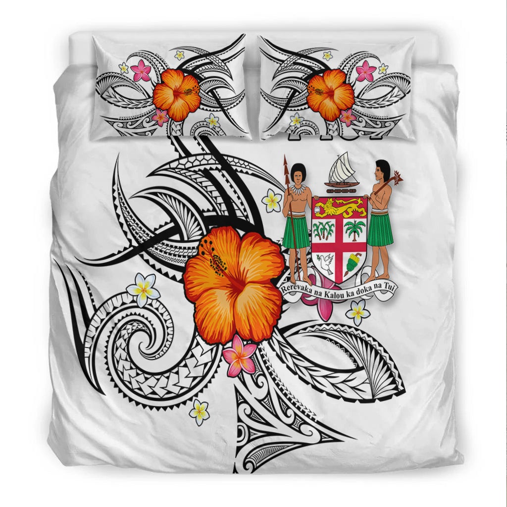 White bedding set: Fiji tribal black print with orange hibiscus on duvet and pillows