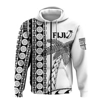 White zip hoodie with drawstring hood, Fiji logo, coconut tree, and tapa pattern front