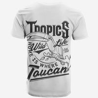 White short-sleeve T-shirt with toucan adventure graphic (back)
