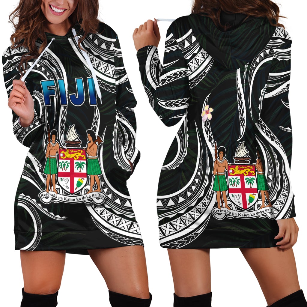 Black hoodie dress with Fiji text and bold white Polynesian wave pattern, front pocket
