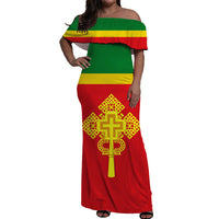 Women off-shoulder long dress in red with green-yellow stripes and gold cross print