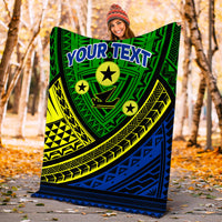 Personalized blanket with YOUR TEXT; green and blue tribal pattern with star emblems
