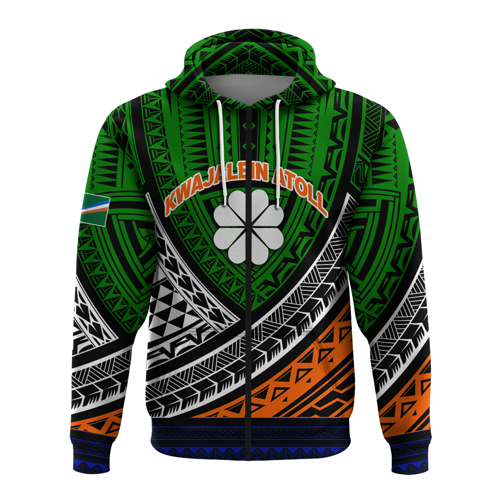 Kids green zip-up hoodie with hood, drawstrings, floral chest logo, and tribal print
